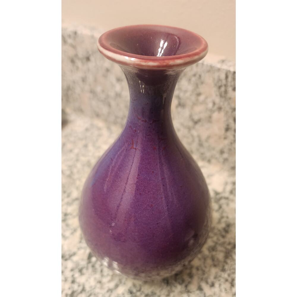 Purple Glazed Ceramic Vase with Chinese Seal Mark – 5 Inch Pottery Decor - Picture 3 of 5